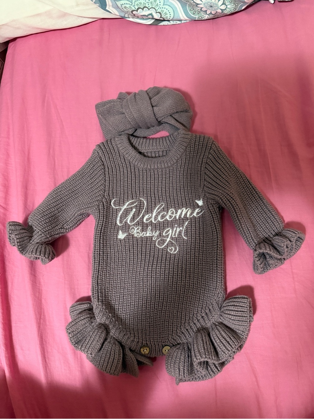SHEIN Knit Baby Girl One-Piece Romper with Headband - Brown